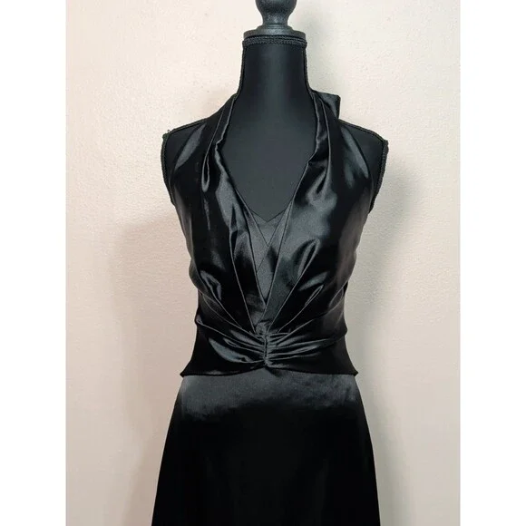 Women's Size Small Black Satin Halter Neck Formal Dress Evening Gown - Picture 3 of 12
